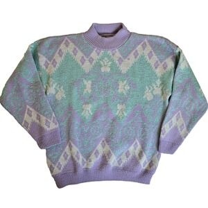 Vintage Cheryl Womens Mock Neck Sweater Long Sleeve Rib Knit Purple Size M